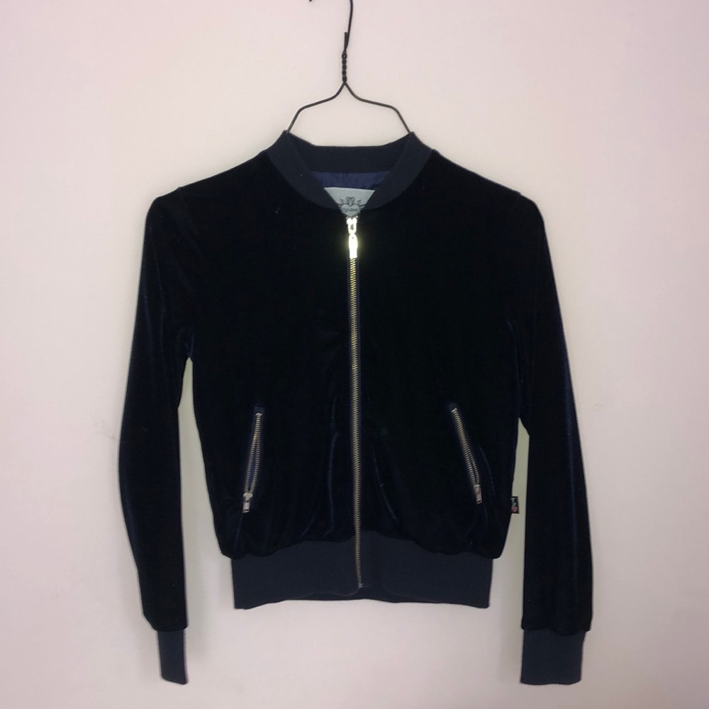 T2 Love bomber jacket in navy blue